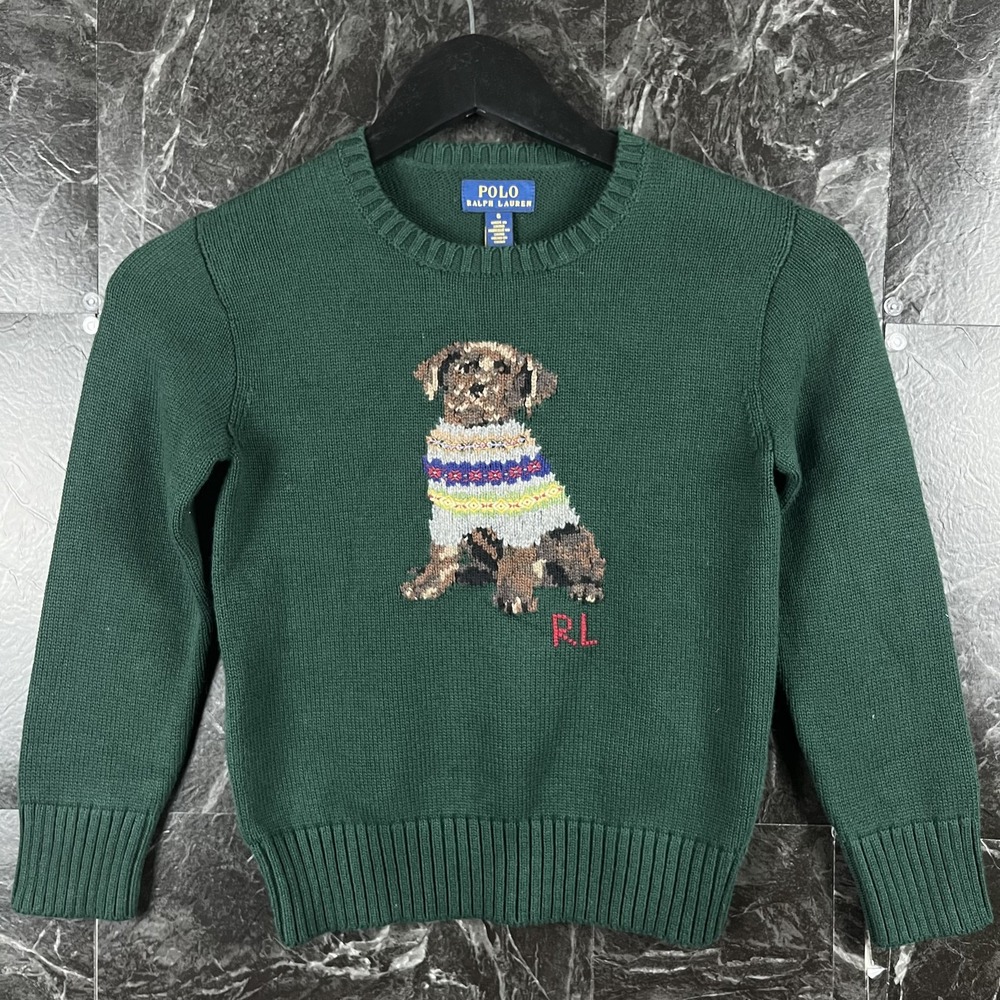 Polo Ralph Lauren Boy's Green Intarsia Dog Sweater 6 Years -NEW